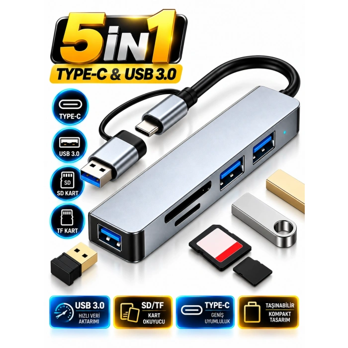 PLATOON PL-5720 Type-C & USB 3.0 5-in-1 Çoklayıcı Hub – USB Hub, SD/TF Kart Okuyucu Adaptör