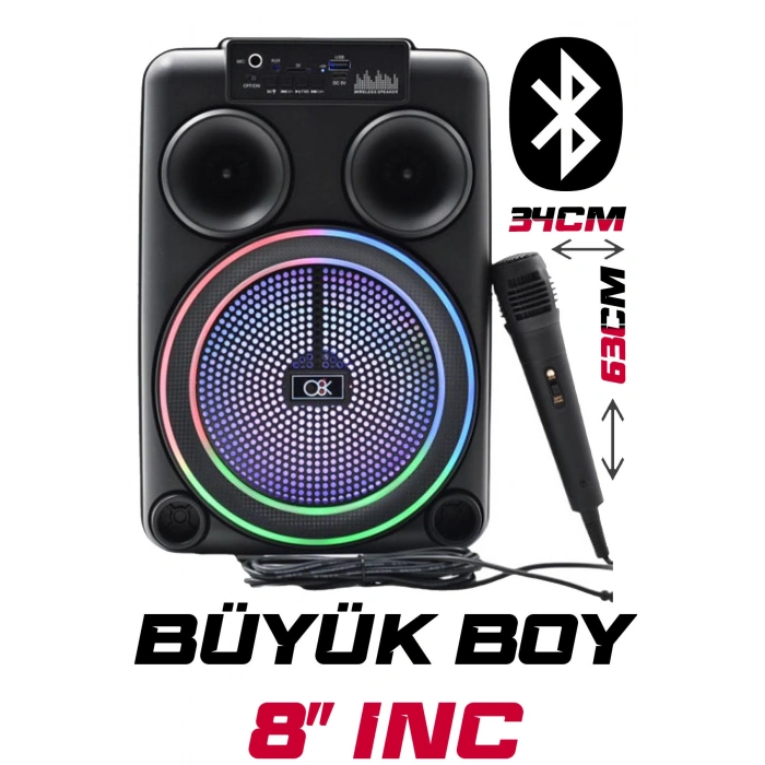 Platoon PL-8106 BT USB SD AUX 8 İNÇ Mikrofonlu Anfi Yüksek SES Taşınabilir RGB Işıklı Hoparlör