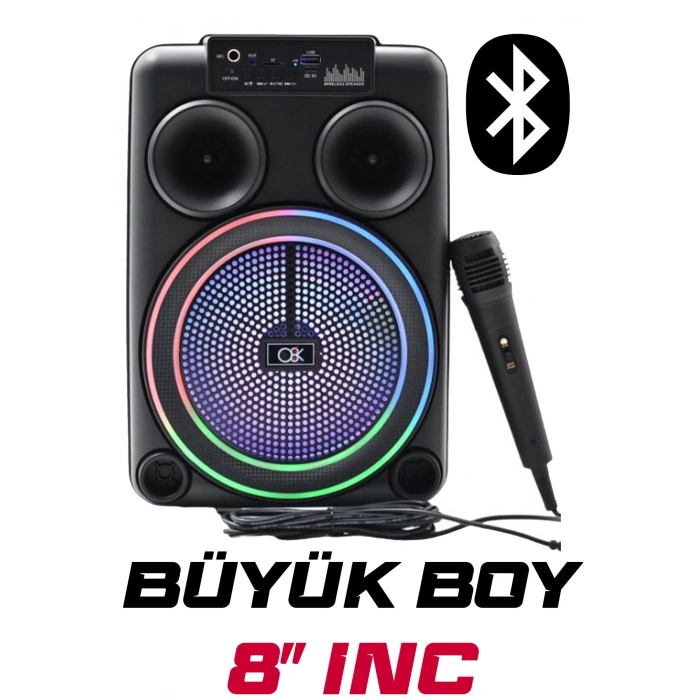 Platoon PL-8106 BT USB SD AUX 8 İNÇ Mikrofonlu Anfi Yüksek SES Taşınabilir RGB Işıklı Hoparlör