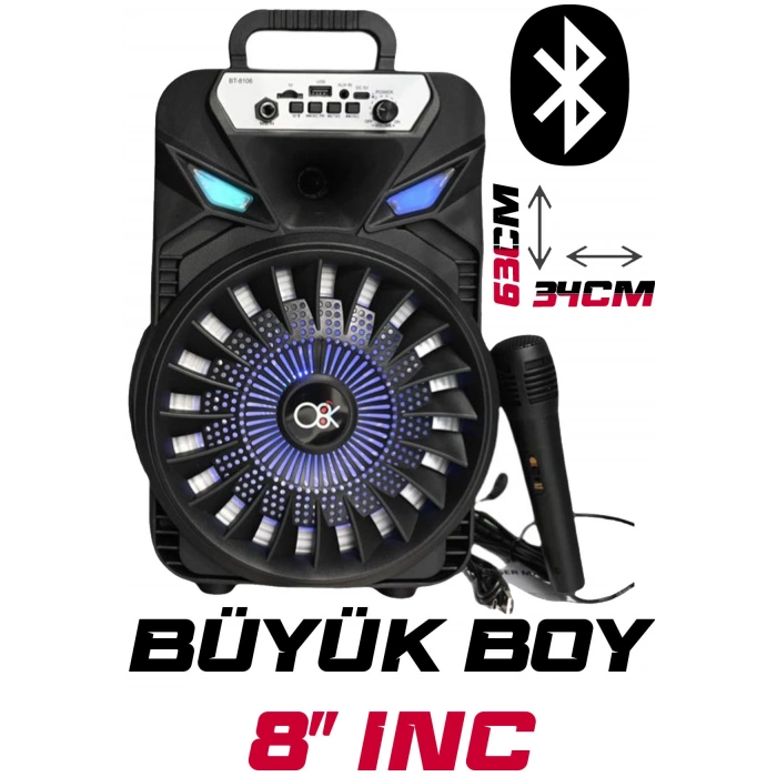 Platoon PL-8108 BT USB SD AUX 8 İNÇ Mikrofonlu Anfi Yüksek SES Taşınabilir RGB Işıklı Hoparlör