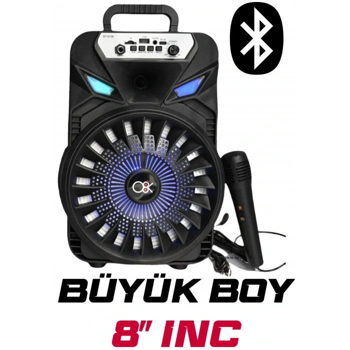 Platoon PL-8108 BT USB SD AUX 8 İNÇ Mikrofonlu Anfi Yüksek SES Taşınabilir RGB Işıklı Hoparlör