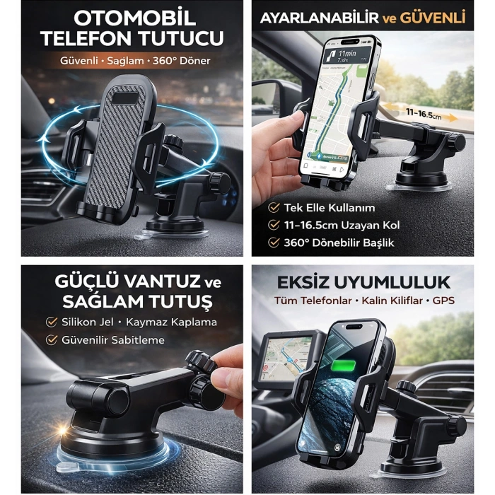 Platoon PL-8621 Ayarlanabilir Vantuzlu Araç Telefon Tutucu 360° Dönebilir Universal Oto Telefon Tutacağı