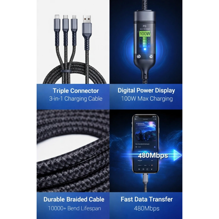 Platoon PL-8911 100W PD Dijital Ekranlı 3’ü 1 Arada Hızlı Şarj Kablosu USB-C USB-A Lightning Örgülü