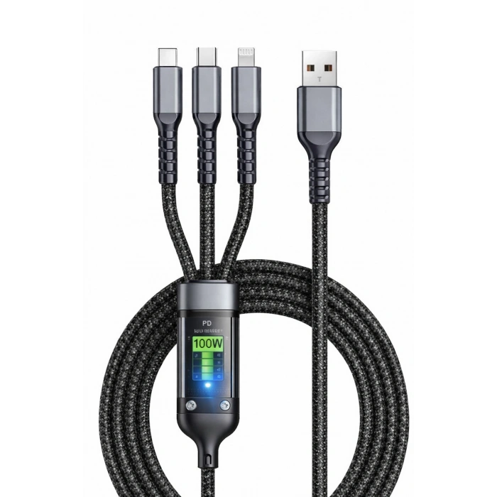 Platoon PL-8911 100W PD Dijital Ekranlı 3’ü 1 Arada Hızlı Şarj Kablosu USB-C USB-A Lightning Örgülü