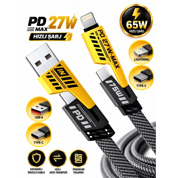 Platoon PL-8916 PD 27W Max Hızlı Şarj Kablosu USB-A – Type-C / Lightning 65W Örgülü