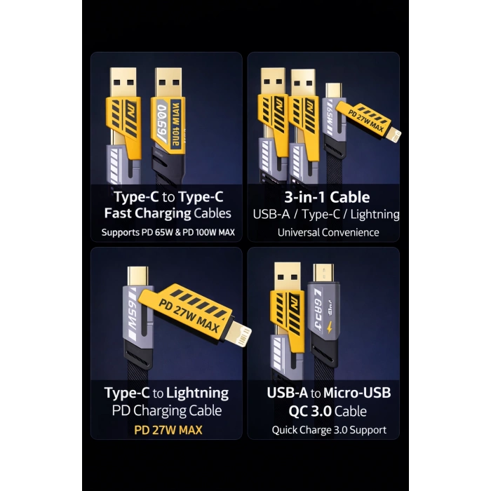 Platoon PL-8916 PD 27W Max Hızlı Şarj Kablosu USB-A – Type-C / Lightning 65W Örgülü