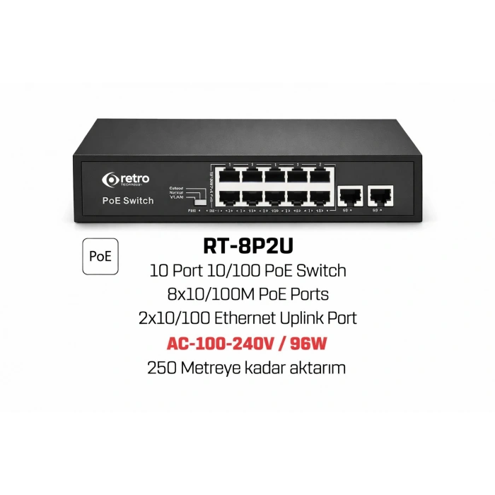 Retro RT-8P2U 8 Port 10/100 Mbps PoE Switch – 2 Uplink 10/100 Mbps