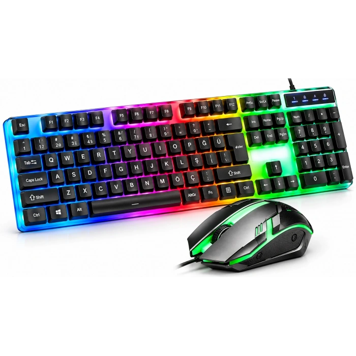 Runix RN-3412 RGB Işıklı Gökkuşağı Zemin Aydınlatmalı USB Oyuncu Klavye ve Mouse Seti TR Q