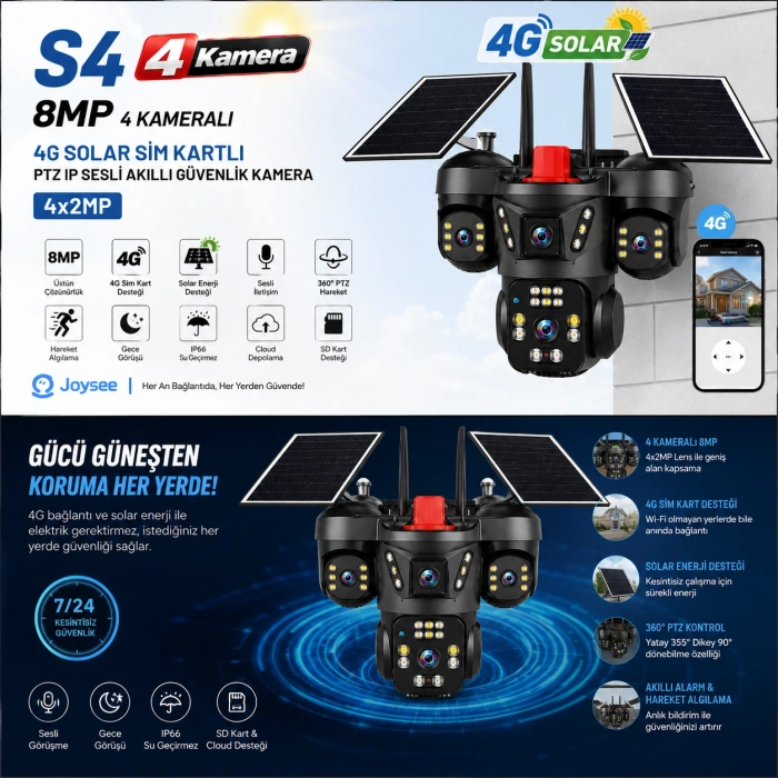 S4 8MP 4 Kameralı 4G Solar Sim Kartlı PTZ IP Sesli Akıllı Güvenlik Kamera ( 4x2MP )