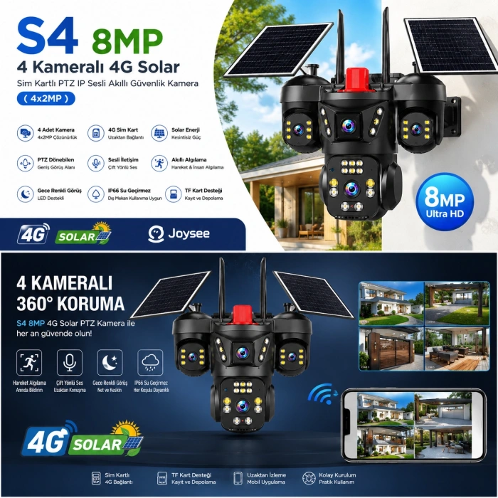 S4 8MP 4 Kameralı 4G Solar Sim Kartlı PTZ IP Sesli Akıllı Güvenlik Kamera ( 4x2MP )