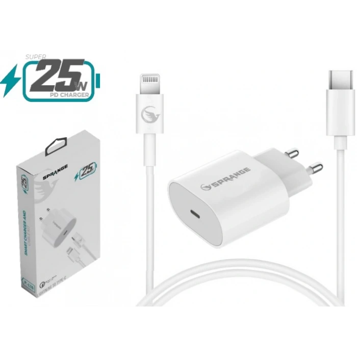 Sprange P-L18 25W Lightning USB-C PD Hızlı Şarj Başlık ve Data Kablosu