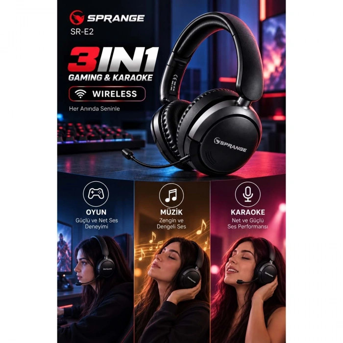 SPRANGE SR-E2 3IN1 Gaming & Karaoke Kablosuz Kulaklık