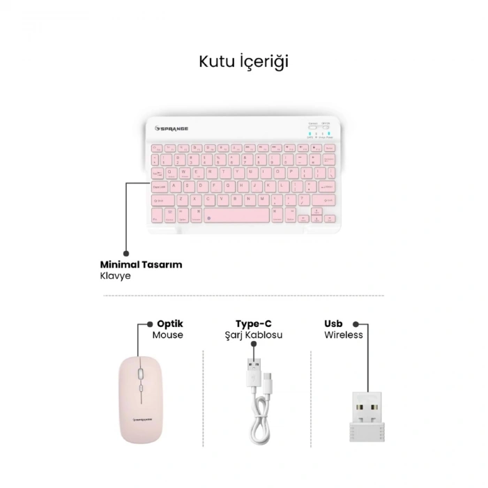 SPRANGE SR-K2 Kablosuz Klavye & Mouse Pembe
