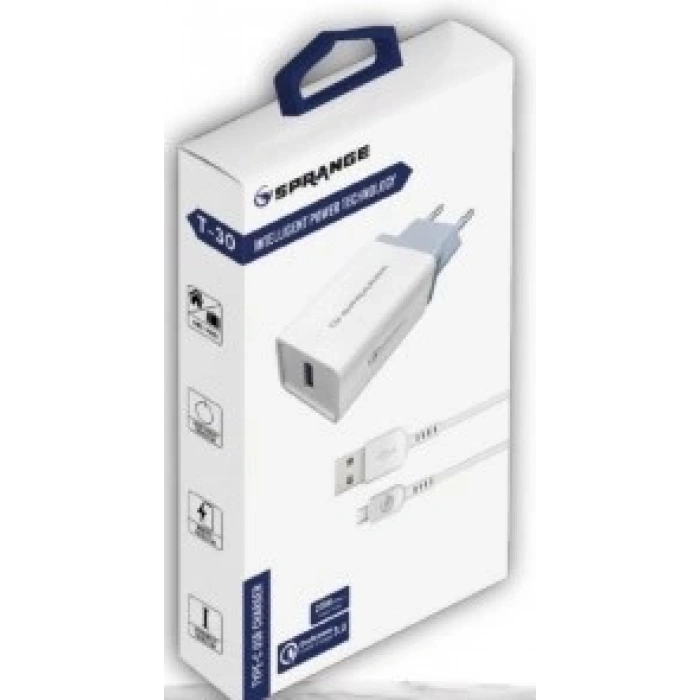 Sprange T-30 18W 3A Fast Hızlı Qualcomm Quick Charge 3.0 Type-C Kablolu Şarj Seti