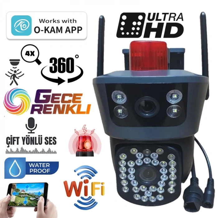 WBP-346 O-KAM PRO APP 4MP Çift Kamera Sirenli PTZ Kablosuz Wifi IP Sesli Kamera