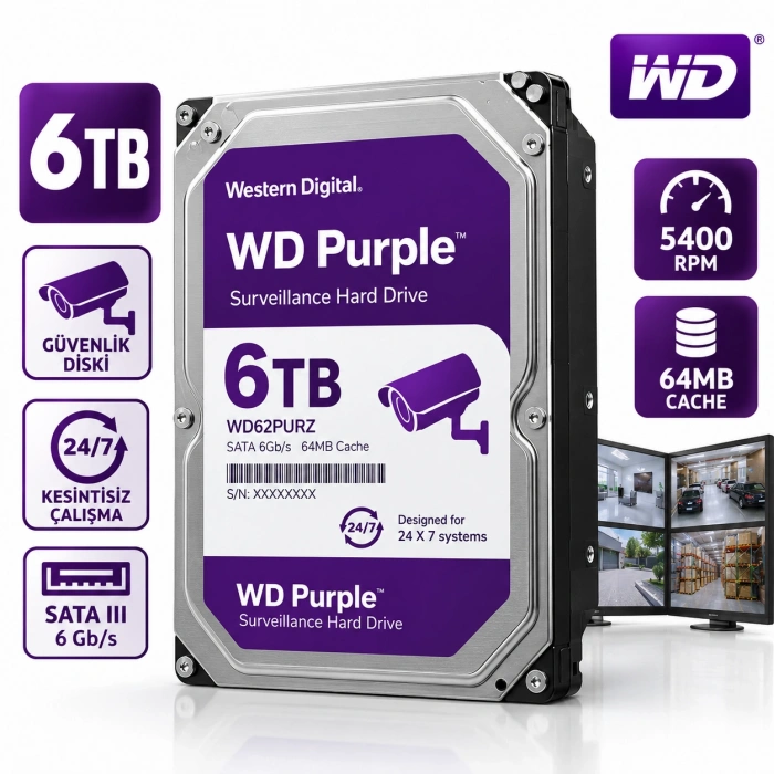 WD Purple WD62PURZ 3.5 6 TB 5400 RPM SATA 3 HDD Güvenlik Diski