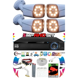 4 Kameralı AHD Set 250GB 3030- 5MP Sony Lensli HD Gece Renkli Güvenlik Kamerası Sistemi -Cepten izle