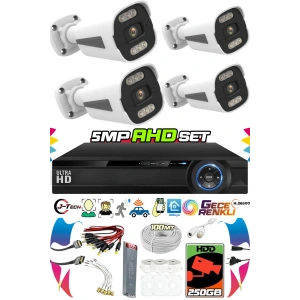 4 Kameralı AHD Set 250GB 3060- 5MP Sony Lensli HD Gece Renkli Güvenlik Kamerası Sistemi -Cepten izle
