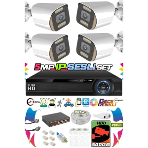 4 Kameralı IP Set 500GB 9060 5MP Mikrofonlu HD Gece Renkli Güvenlik Kamerası Sistemi -Cepten izle