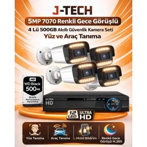 J-TECH 5MP 7070 Renkli Gece Görüşlü 4 Lü 500GB Akıllı Güvenlik Kamera Seti – Yüz ve Araç Tanıma