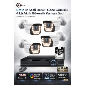 J-TECH 5MP IP Sesli Renkli Gece Görüşlü 4 Lü Akıllı Güvenlik Kamera Seti – Yüz ve Araç Tanıma