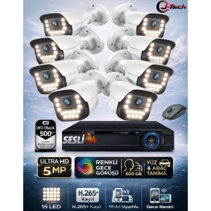 J-TECH 5MP Sesli 9090 iP Renkli Gece Görüşlü 8 Li 500GB Akıllı Güvenlik Kamera Seti – Yüz ve Araç Tanıma