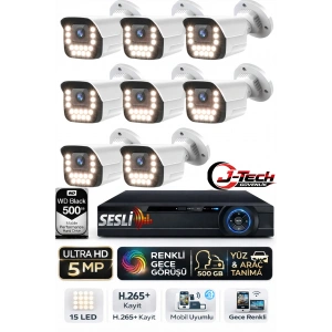 J-TECH 5MP Sesli 9090 iP Renkli Gece Görüşlü 8 Li 500GB Akıllı Güvenlik Kamera Seti – Yüz ve Araç Tanıma