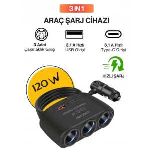 Concord C-778 120W 3 Port Çakmaklık 1 Usb ve Type-C Araç içi Çoklayıcı Hub