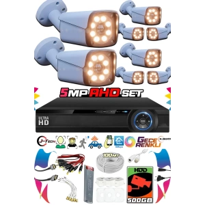 8 Kameralı AHD Set 500GB 3030- 5MP Sony Lensli HD Gece Renkli Güvenlik Kamerası Sistemi -Cepten izle
