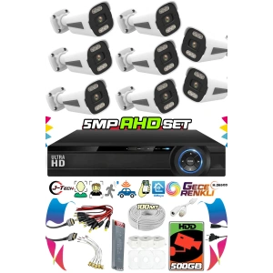 8 Kameralı AHD Set 500GB 3060- 5MP Sony Lensli HD Gece Renkli Güvenlik Kamerası Sistemi -Cepten izle