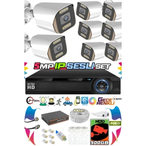 8 Kameralı IP Set 500GB 9060 5MP Mikrofonlu HD Gece Renkli Güvenlik Kamerası Sistemi -Cepten izle