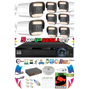 8 Kameralı IP Set 500GB 9070 5MP Mikrofonlu HD Gece Renkli Güvenlik Kamerası Sistemi -Cepten izle