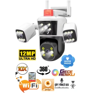 AV-S312X IPC360 APP 3 Kamera 10X Zoom 12MP 360° Renkli Gece Görüş Sesli Görüşme Sirenli Wi-Fi Akıllı Kamera