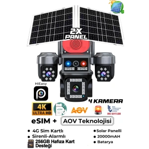 AV-S445 HiEasy APP 4Kamera 8MP 4K AOV eSİM 4G Gece Renkli Görüş İnsan Takibi Solar PTZ Akıllı Kamera