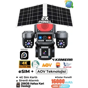 HiEasy APP 4 Kamera 12MP 4K AOV eSİM 4G Gece Renkli Görüş İnsan Takibi Solar PTZ Akıllı Kamera