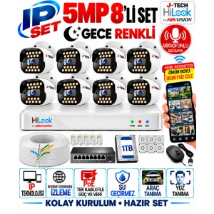 HiLook – J-TECH H1069 5MP 8li Akıllı Sesli IP Kamera Seti 1TB Renkli Gece Yüz Araç Hareket Algılama