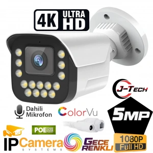 J-TECH 4K ULTRA HD 5MP SESLİ IP Bullet 15 LED PoE 3.6MM Network Kamera Gece-Gündüz Renkli Görüntü