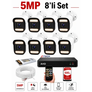 J-TECH 5MP 7070 Renkli Gece Görüşlü 8 Li Akıllı Güvenlik Kamera Seti – Yüz ve Araç Tanıma