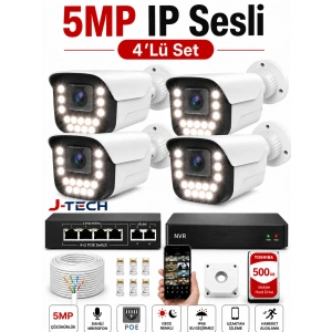 J-TECH 5MP IP Sesli Renkli Gece Görüşlü 4 Lü Akıllı Güvenlik Kamera Seti – Yüz ve Araç Tanıma