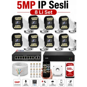 J-TECH 5MP Sesli 1818 iP Renkli Gece Görüşlü 8 Li 500GB Akıllı Güvenlik Kamera Seti – Yüz ve Araç Tanıma