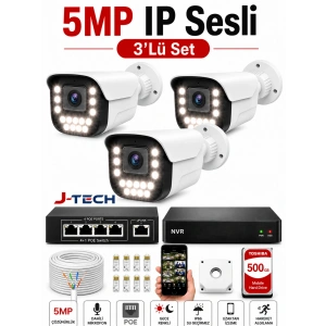 J-TECH 5MP Sesli 3 Lü 9090 iP Renkli Gece Görüşlü 500GB Akıllı Güvenlik Kamera Seti – Yüz ve Araç Tanıma