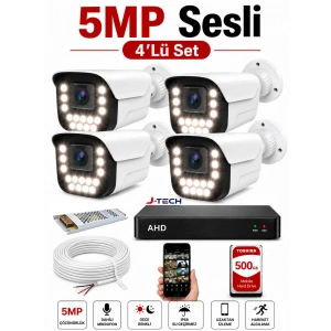 J-TECH 5MP Sesli 3080 Renkli Gece Görüşlü 4 Lü 500GB Akıllı Güvenlik Kamera Seti – Yüz ve Araç Tanıma