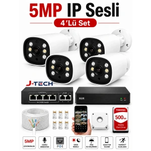 J-TECH 5MP Sesli 4 Lü 6066 iP Renkli Gece Görüşlü 500GB Akıllı Güvenlik Kamera Seti – Yüz ve Araç Tanıma