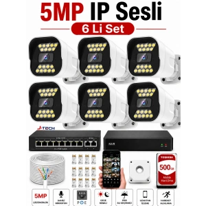 J-TECH 5MP Sesli 6 Lı 1818 iP Renkli Gece Görüşlü 500GB Akıllı Güvenlik Kamera Seti – Yüz ve Araç Tanıma