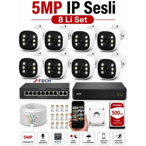 J-TECH 5MP Sesli 8 Li 6066 iP Renkli Gece Görüşlü 500GB Akıllı Güvenlik Kamera Seti – Yüz ve Araç Tanıma