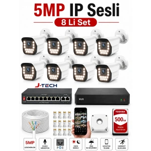 J-TECH 5MP Sesli 9090 iP Renkli Gece Görüşlü 8 Li 500GB Akıllı Güvenlik Kamera Seti – Yüz ve Araç Tanıma