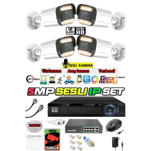 J-TECH 5MP IP Sesli Renkli Gece Görüşlü 4 Lü Akıllı Güvenlik Kamera Seti – Yüz ve Araç Tanıma
