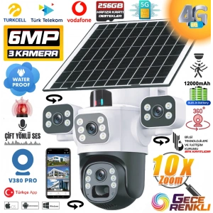 MPIA Aurora 3 Kameralı 4G 6MP 4K Sim Kart Girişli Güneş Panel 4 Lens Solar 12000mAH Alarmlı Mikrofon 360 PTZ Türkçe Uygulama Güvenlik Kamera