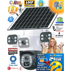 MPIA Aurora 3 Kameralı 4G 6MP 4K Sim Kart Hediye Güneş Panel 4 Lens Solar 12000mAH Alarmlı Mikrofon 360 PTZ Türkçe Uygulama Güvenlik Kamera