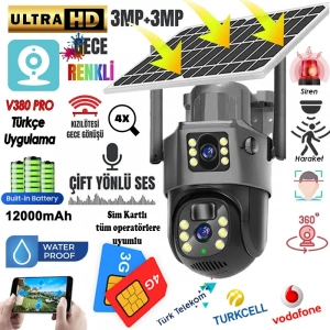 MPIA MIKA-4G 3+3MP 4K 4G Sim Kartlı Güneş Panel Dual Lens Solar 12000mAH Alarmlı Mikrofon 360 PTZ Türkçe Uygulama Güvenlik Kamera